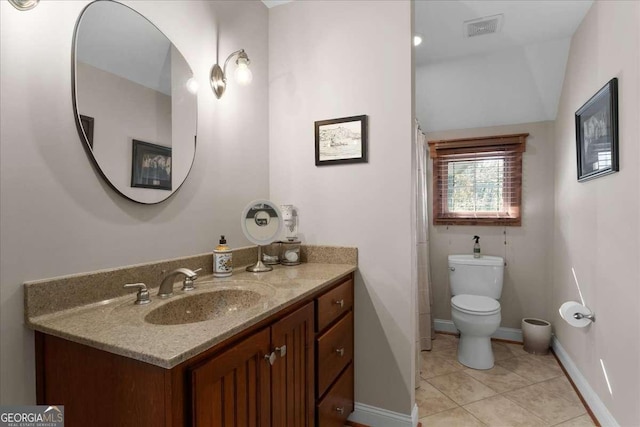 full bathroom featuring toilet, vanity, tile patterned floors, baseboards, and a shower with curtain