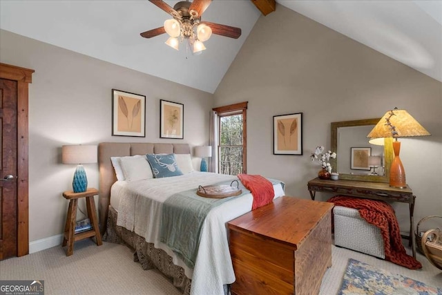 bedroom featuring high vaulted ceiling, beamed ceiling, carpet floors, baseboards, and a ceiling fan