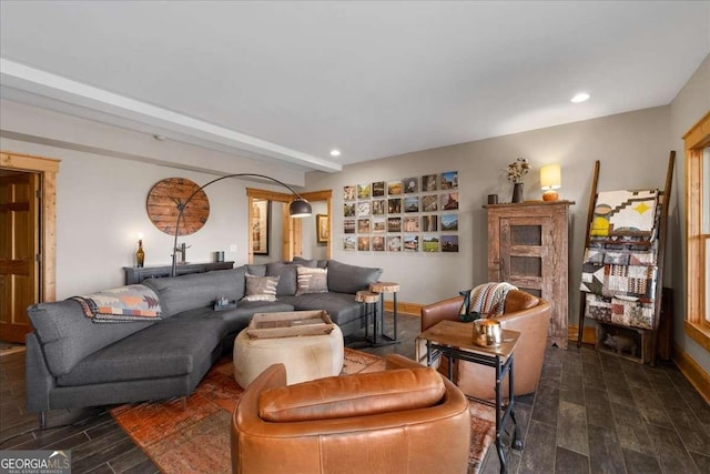 living area with wood finished floors, beam ceiling, recessed lighting, and baseboards