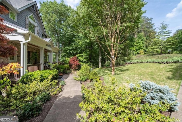 view of grassy yard with a porch