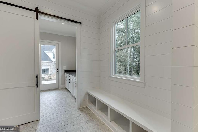 7620 Breeze Bay Rd, Cumming, GA 30041 - mudroom with brick flooring, healthy amount of natural light, and a barn door