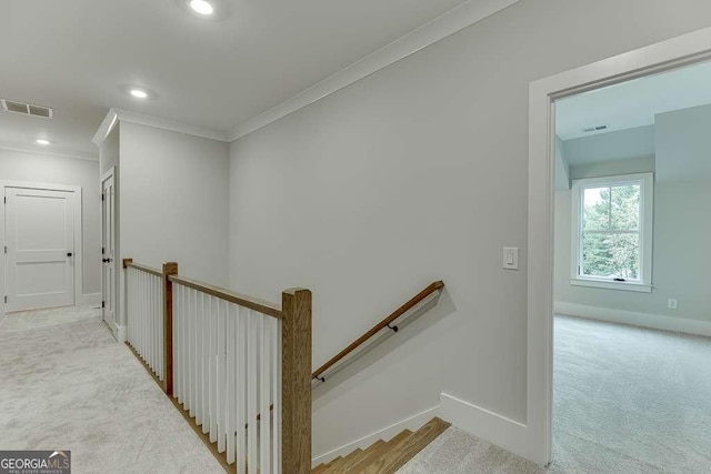 7620 Breeze Bay Rd, Cumming, GA 30041 - stairway with carpet floors, crown molding, baseboards, and recessed lighting