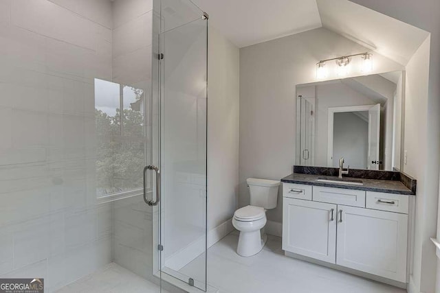 7620 Breeze Bay Rd, Cumming, GA 30041 - bathroom featuring a stall shower, toilet, vanity, and vaulted ceiling
