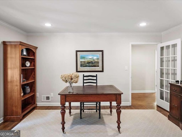 home office with wood finished floors, crown molding, baseboards, and recessed lighting