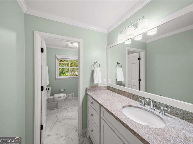 bathroom with marble look tile flooring, toilet, vanity, and ornamental molding