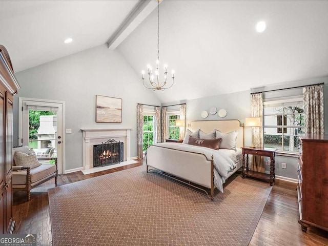 bedroom with beam ceiling, a chandelier, dark wood finished floors, access to outside, and baseboards