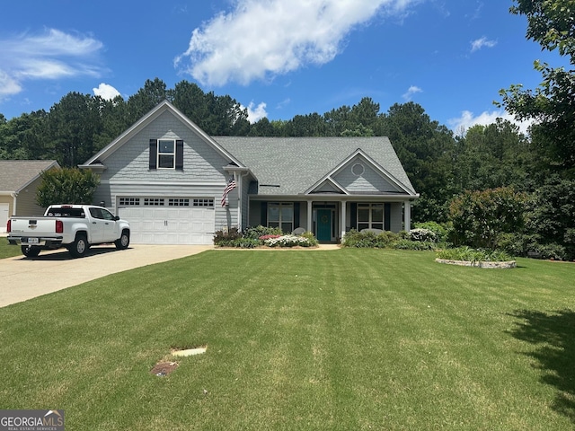 view of front of home featuring a front lawn, concrete driveway, covered porch, and an attached garage