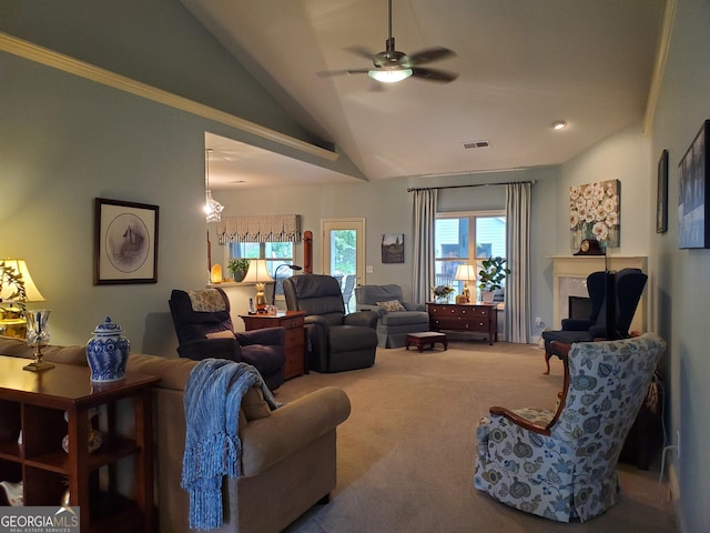 106 Hamway Ln, Winder, GA 30680 - living room featuring lofted ceiling, carpet floors, and a ceiling fan