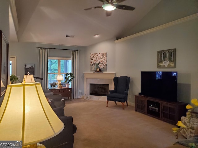 106 Hamway Ln, Winder, GA 30680 - living room with carpet floors, lofted ceiling, ceiling fan, and a fireplace