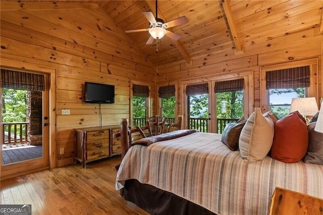 512 Picklesimer Mtn Rd, Morganton, GA 30560 - bedroom featuring access to exterior, wood-type flooring, wooden ceiling, wood walls, and high vaulted ceiling