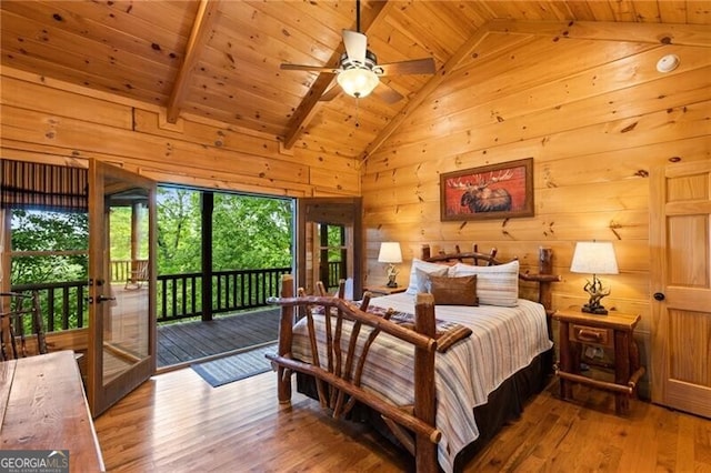 512 Picklesimer Mtn Rd, Morganton, GA 30560 - bedroom featuring wood ceiling, hardwood / wood-style flooring, access to outside, beam ceiling, and wood walls