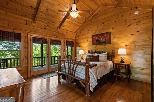 512 Picklesimer Mtn Rd, Morganton, GA 30560 - bedroom featuring access to outside, wood walls, wood ceiling, wood-type flooring, and high vaulted ceiling