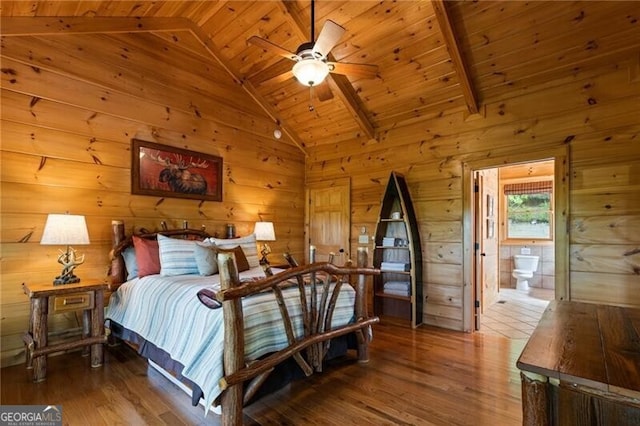 512 Picklesimer Mtn Rd, Morganton, GA 30560 - bedroom featuring vaulted ceiling, wood ceiling, wood finished floors, wooden walls, and ensuite bathroom