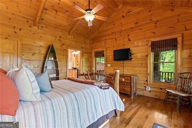 512 Picklesimer Mtn Rd, Morganton, GA 30560 - bedroom featuring multiple windows, wood ceiling, hardwood / wood-style flooring, wooden walls, and beam ceiling