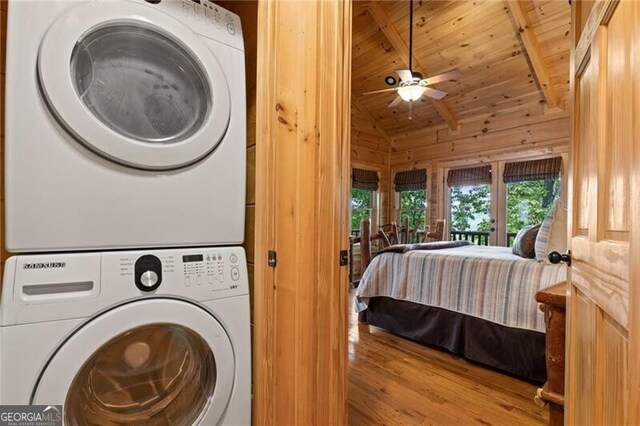 512 Picklesimer Mtn Rd, Morganton, GA 30560 - laundry room with stacked washer / drying machine, wooden ceiling, wood finished floors, and ceiling fan