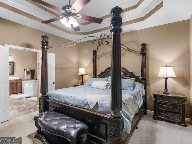 361 Brackin Trce, Grayson, GA 30017 - bedroom with a tray ceiling, crown molding, light colored carpet, and ensuite bathroom