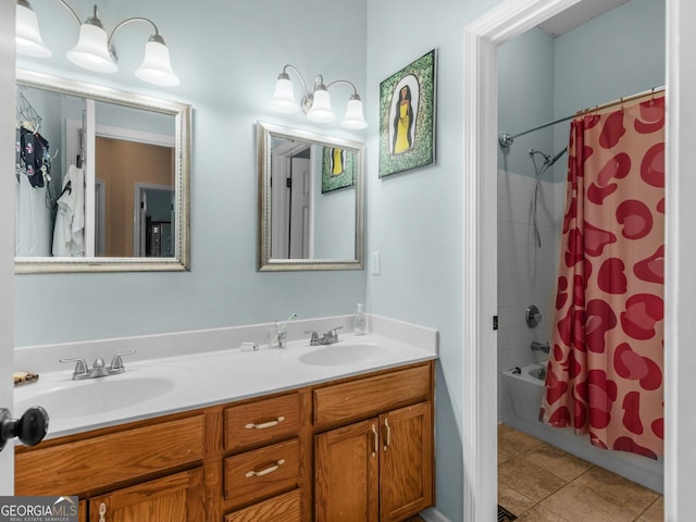361 Brackin Trce, Grayson, GA 30017 - full bath with double vanity, shower / bath combination with curtain, and tile patterned floors