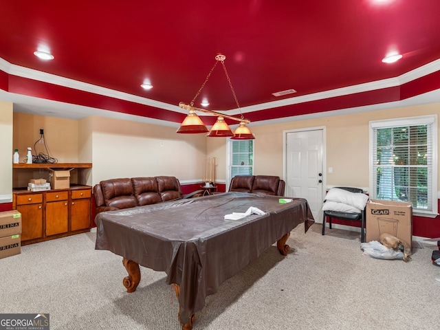 361 Brackin Trce, Grayson, GA 30017 - recreation room with carpet, billiards, ornamental molding, and recessed lighting