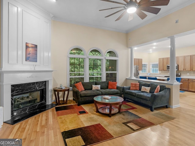 361 Brackin Trce, Grayson, GA 30017 - living room with ornate columns, light wood finished floors, ornamental molding, ceiling fan, and a premium fireplace