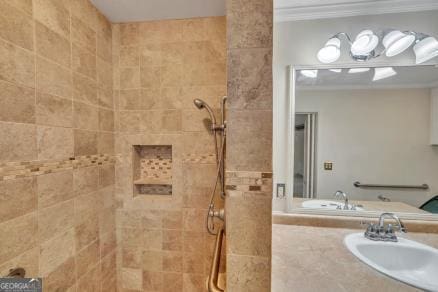 111 Roberson St, Dublin, GA 31021 - full bathroom featuring a tile shower, vanity, and ornamental molding