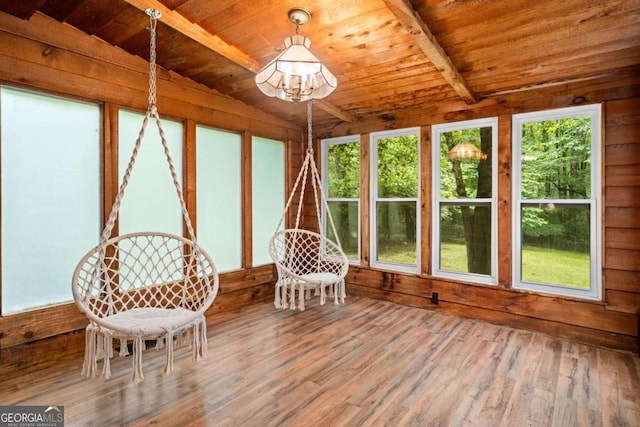 115 S Meadowcliff Cir, Carrollton, GA 30116 - sunroom featuring lofted ceiling, wooden ceiling, wood walls, wood finished floors, and a chandelier