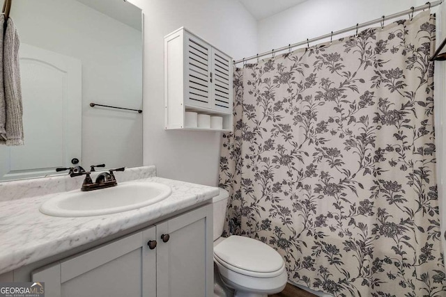 full bathroom featuring toilet, vanity, and a shower with curtain
