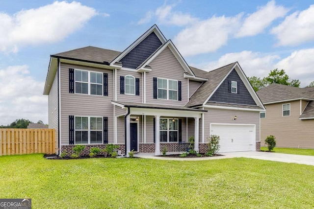 craftsman-style home featuring covered porch, brick siding, and concrete driveway