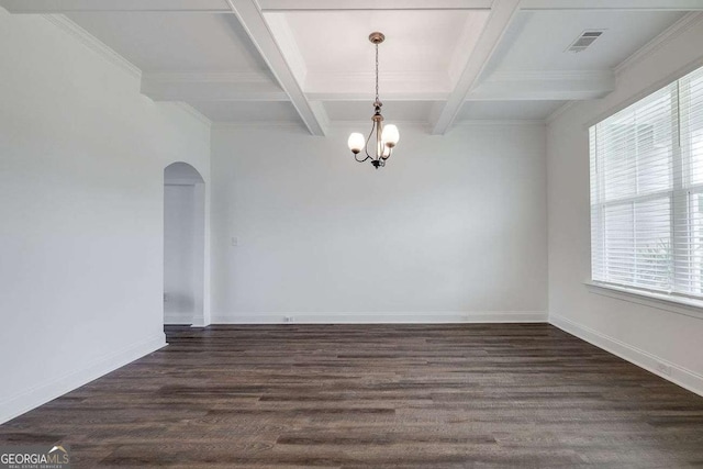spare room featuring coffered ceiling, arched walkways, beamed ceiling, a chandelier, and dark wood-style floors