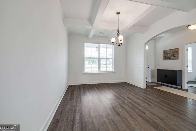 unfurnished dining area featuring arched walkways, beam ceiling, a chandelier, dark wood-style flooring, and coffered ceiling