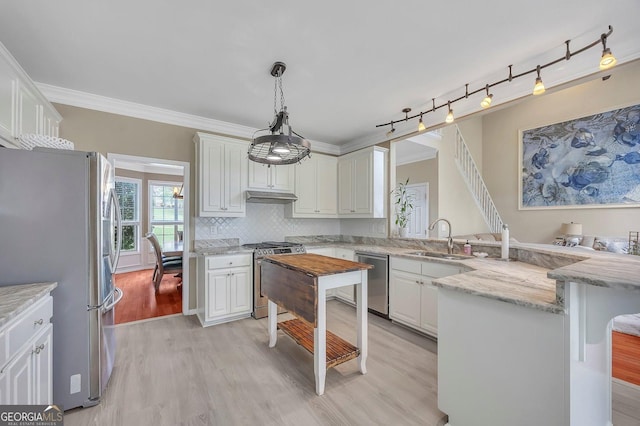 kitchen featuring stainless steel appliances, a sink, a peninsula, light wood-type flooring, and white cabinets
