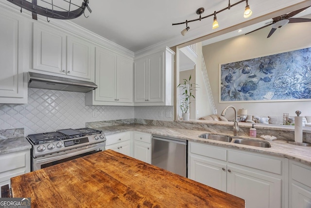 kitchen with under cabinet range hood, appliances with stainless steel finishes, a sink, decorative backsplash, and white cabinetry