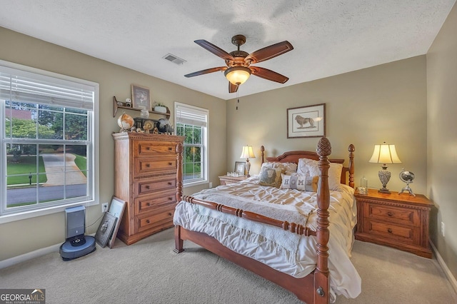 bedroom with light carpet, baseboards, multiple windows, and a textured ceiling