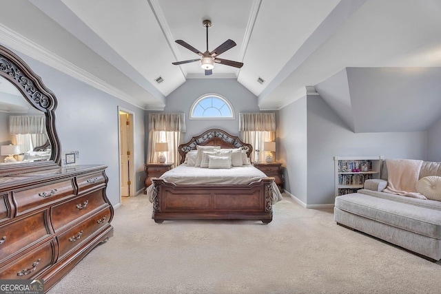 bedroom with light carpet, vaulted ceiling, baseboards, a ceiling fan, and crown molding