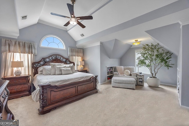 carpeted bedroom featuring vaulted ceiling, baseboards, and a ceiling fan