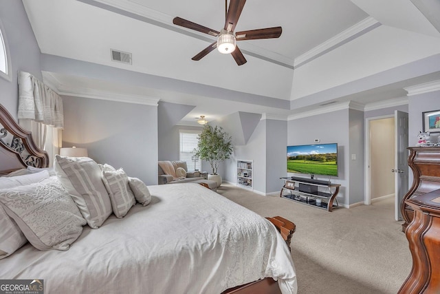 bedroom with carpet flooring, crown molding, baseboards, and a ceiling fan