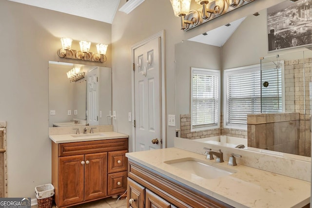 full bath with a chandelier, two vanities, a garden tub, lofted ceiling, and a tile shower