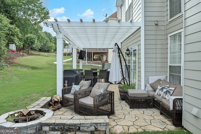 view of patio with an outdoor fire pit, a pergola, and area for grilling