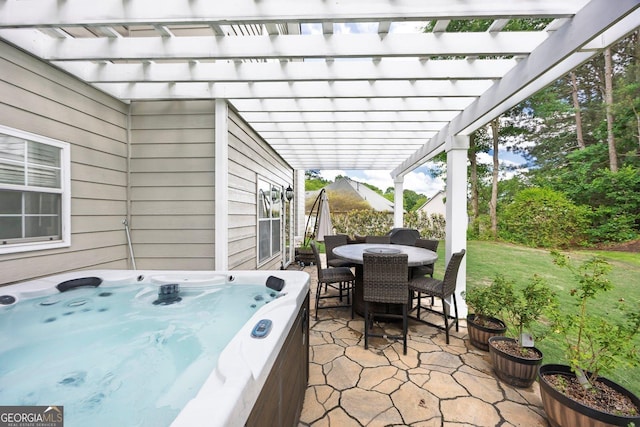 view of patio featuring a hot tub, a pergola, and outdoor dining area