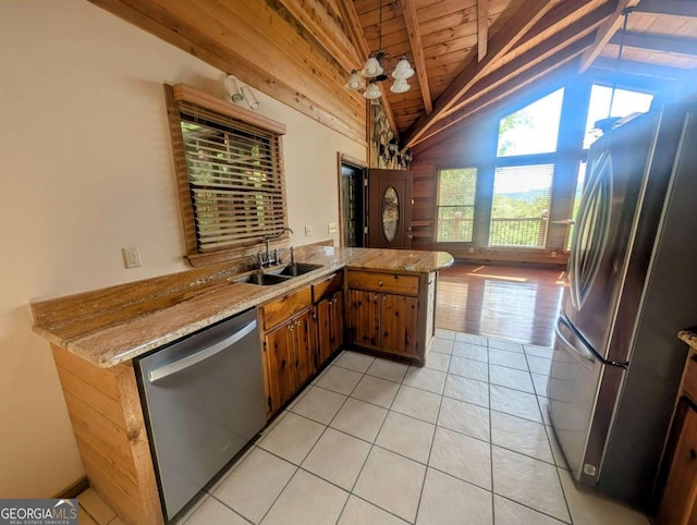 350 Left Turn Unit 15, Blue Ridge, GA 30513 - kitchen with appliances with stainless steel finishes, a sink, light tile patterned flooring, brown cabinetry, and wooden ceiling