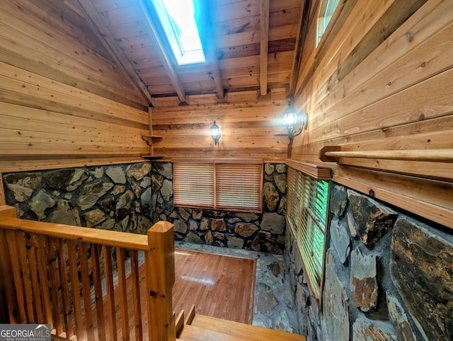 350 Left Turn Unit 15, Blue Ridge, GA 30513 - staircase featuring wood ceiling, wood walls, and wood finished floors