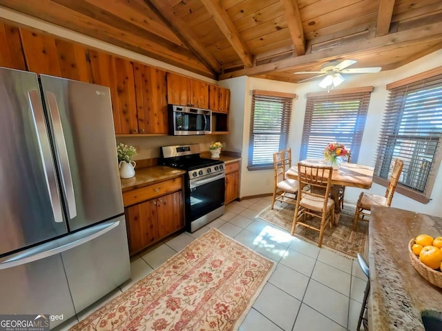 350 Left Turn Unit 15, Blue Ridge, GA 30513 - kitchen featuring stainless steel appliances, wooden ceiling, brown cabinetry, light tile patterned floors, and a ceiling fan