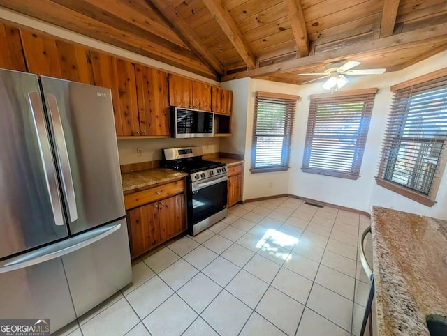 350 Left Turn Unit 15, Blue Ridge, GA 30513 - kitchen featuring appliances with stainless steel finishes, brown cabinetry, wood ceiling, a ceiling fan, and light tile patterned floors