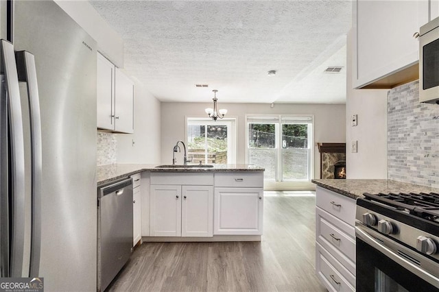 kitchen with stainless steel appliances, light wood-style floors, a sink, a peninsula, and decorative backsplash