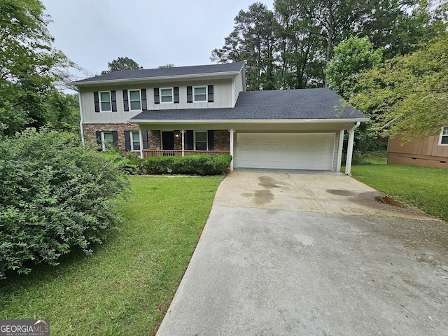 2860 Cocklebur Cove Ct, Decatur, GA 30034 - view of front of home with an attached garage, concrete driveway, a front yard, and covered porch