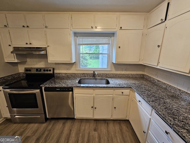 2860 Cocklebur Cove Ct, Decatur, GA 30034 - kitchen featuring appliances with stainless steel finishes, a sink, under cabinet range hood, and dark wood-style floors