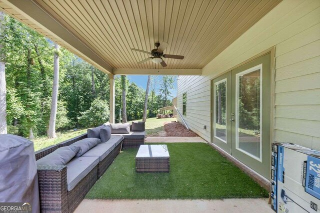 139 Coldwater Ln, Griffin, GA 30224 - view of patio / terrace with french doors, an outdoor living space, a ceiling fan, and grilling area