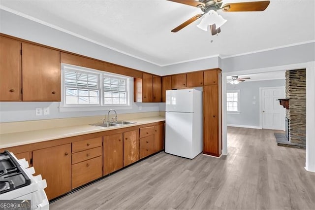 kitchen featuring white appliances, a sink, a ceiling fan, light countertops, and crown molding