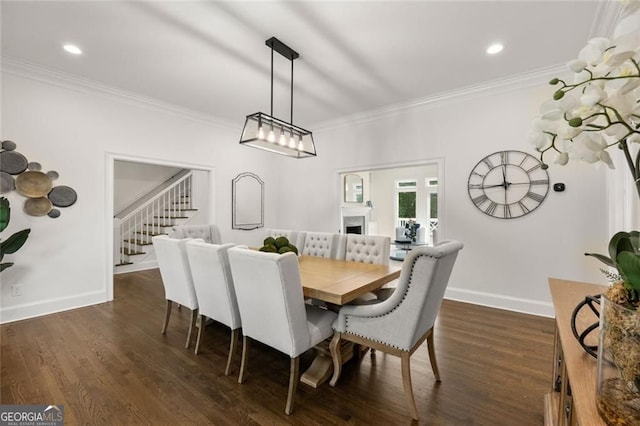 1260 Heards Ferry Rd, Sandy Springs, GA 30328 - dining space featuring crown molding, baseboards, dark wood-type flooring, stairway, and recessed lighting