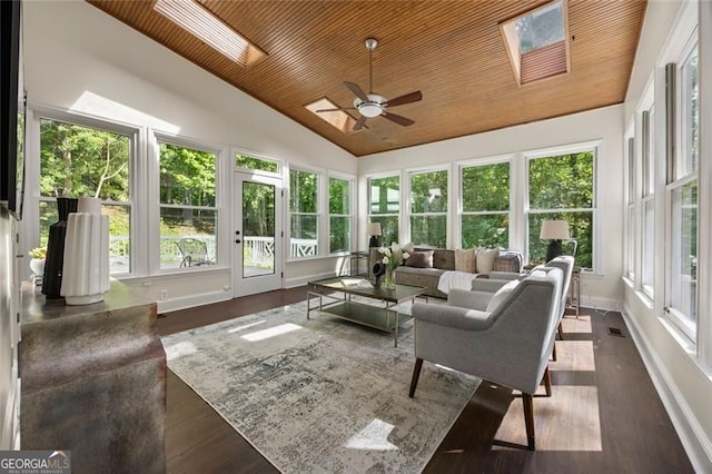 1260 Heards Ferry Rd, Sandy Springs, GA 30328 - sunroom / solarium featuring wooden ceiling, healthy amount of natural light, wood finished floors, a skylight, and high vaulted ceiling