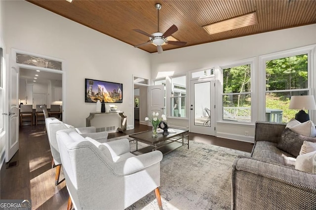 1260 Heards Ferry Rd, Sandy Springs, GA 30328 - living room with wooden ceiling, ceiling fan, wood finished floors, and baseboards